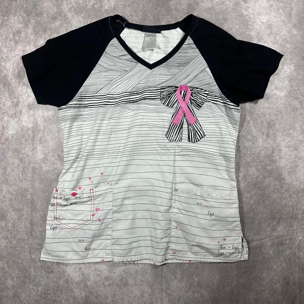 Breast Cancer Awareness Scrub Top Medium Pink Ribbon Hearts Hope White V-Neck